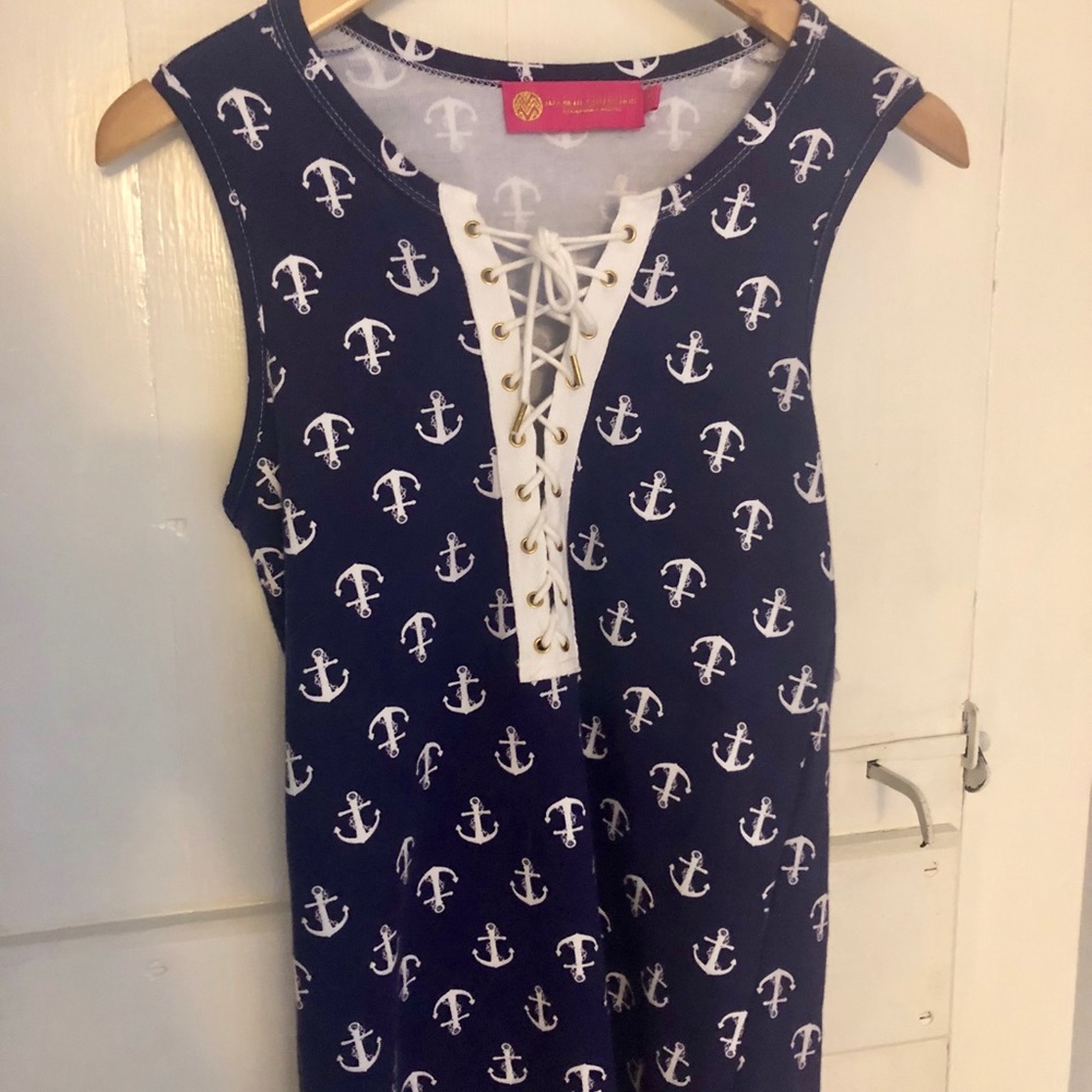 Navy & White Anchor Print Lace-Up Midi Dress